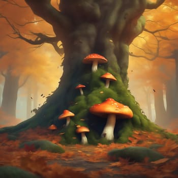 Enchanted forest with fantasy mushrooms. Green moss forest floor with enchanted trees. Mystical AI generated image