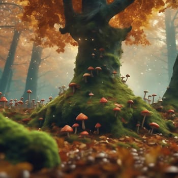 Enchanted forest with fantasy mushrooms. Green moss forest floor with enchanted trees. Mystical AI generated image