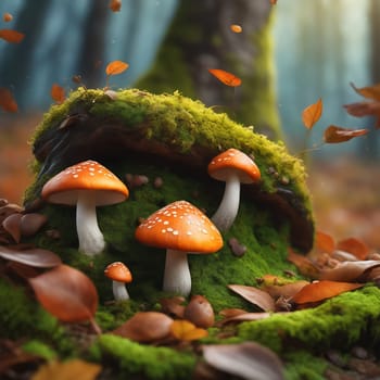 Enchanted forest with fantasy mushrooms. Green moss forest floor with enchanted trees. Mystical AI generated image