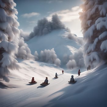Sledging in the snow. Snow-covered trees, snow-covered mountains. Wooden sledges, skiing, winter vacation. AI generated image. Landscape from the wintry mountains