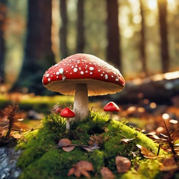 Enchanted forest with toadstools. Green moss forest floor with enchanted trees. AI generated image