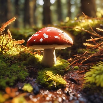Enchanted forest with toadstools. Green moss forest floor with enchanted trees. AI generated image