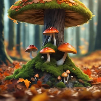 Enchanted forest with fantasy mushrooms. Green moss forest floor with enchanted trees. Mystical AI generated image