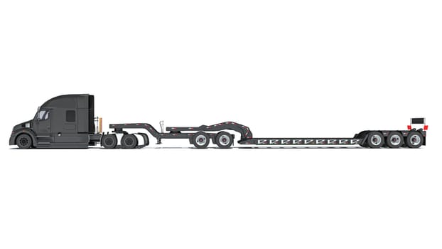 Truck with flatbed trailer 3D rendering model on white background