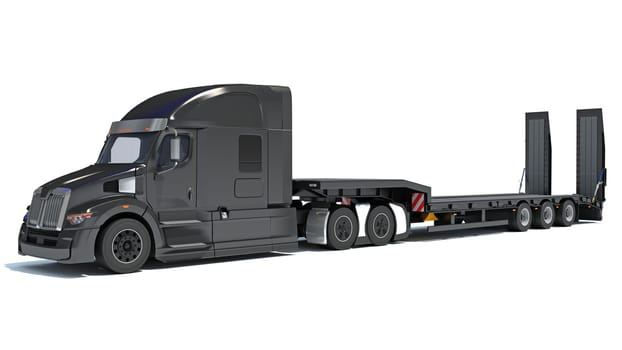 Truck with flatbed trailer 3D rendering model on white background