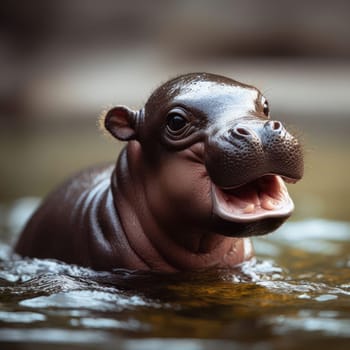 cute and gorgeous baby hippo with mouth open in the river generative ai