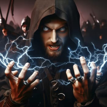 angry wizard casting a lightning spell in the middle of battle generativ ai