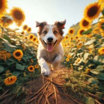 happy dog running and bounding through a field of sunflowers on a beautiful day generative ai