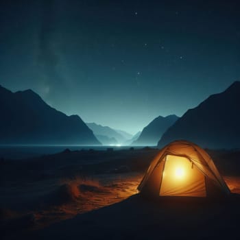 camping in the tent at night by the lake under a beautiful starry sky generative ai