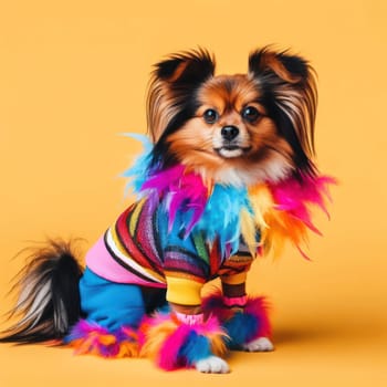 studio style shot of dog dressed in brightly coloured flamboyant clothing  for poster or advertisement generative ai