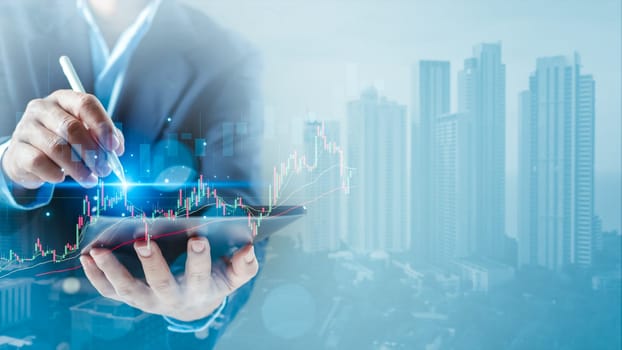 Stock market, Business growth, progress or success concept. Businessman or trader is showing a growing virtual hologram stock, invest in trading.