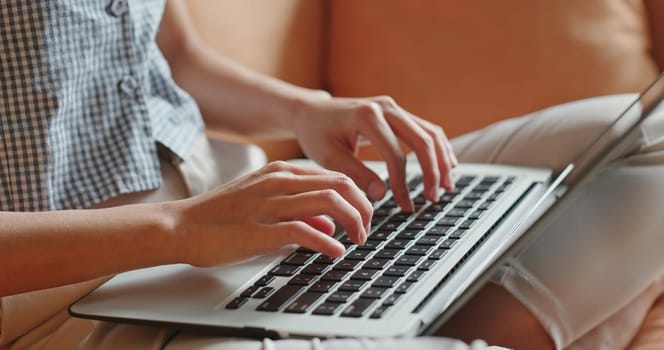Woman work on laptop computer and sit on sofa