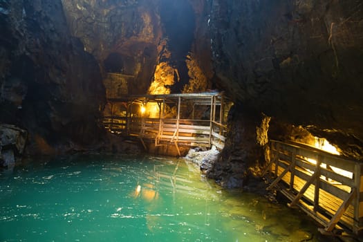 Rock cave with lake. dry water. Underworlds in Sweden. Mystical atmosphere. Nature shot from Scandinavia