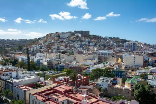 Panoramic top view of the capital Las Palmas Gran Canaria in Spain with blue sky