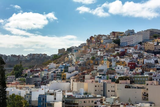 Panoramic top view of the capital Las Palmas Gran Canaria in Spain with blue sky