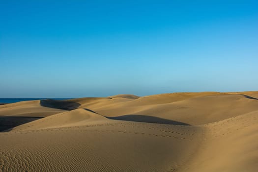 In the dunes of Maspalomas on Gran Canaria in Spain. View of the sea, with blue sky. The huge sand dunes resemble a small desert and are a nature reserve.