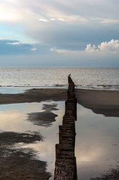 Breakwater on the Baltic Sea coast at low tide with sky and clouds