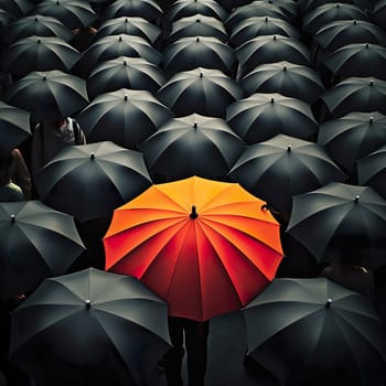 A colorful umbrella in a group of black umbrellas generated by artificial intelligence