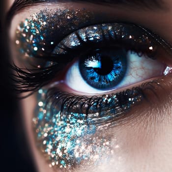 Close-up of an eye with glittering eyeshadow generated by artificial intelligence