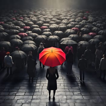 A colorful umbrella in a group of black umbrellas generated by artificial intelligence