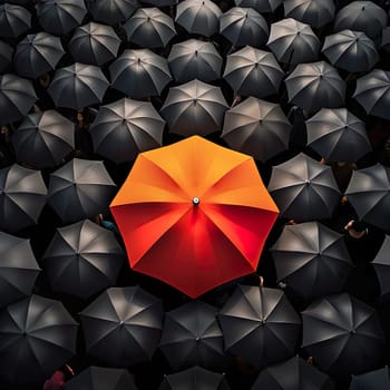 A colorful umbrella in a group of black umbrellas generated by artificial intelligence