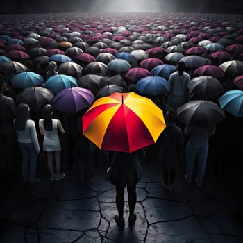 A colorful umbrella in a group of black umbrellas generated by artificial intelligence