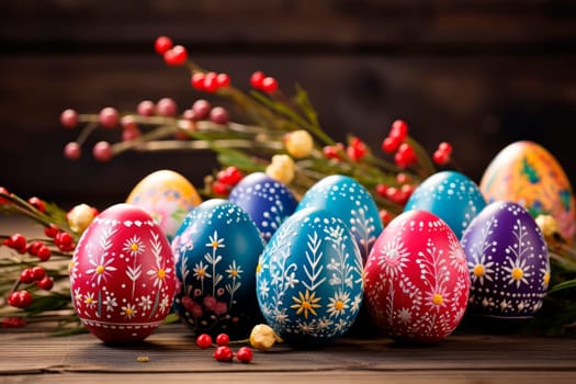 Happy Easter! Easter eggs on rustic table with spring plants. Natural dyed colorful eggs.  AI generated