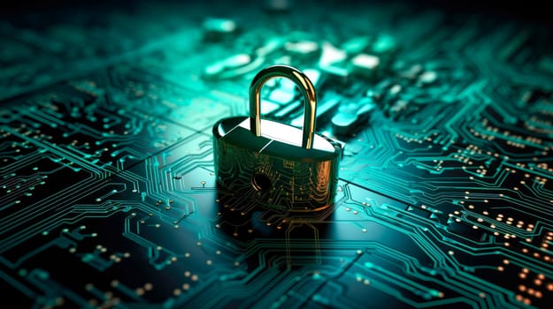 Padlock on computer motherboard. Internet data privacy information security concept. Antivirus and malware multilayer defense. AI generated