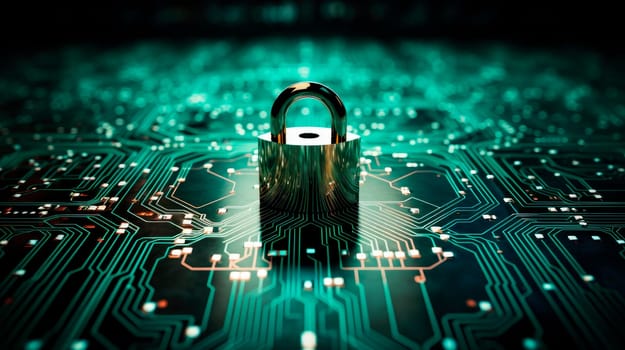 Security lock on computer circuit board, computer security concept. Antivirus and malware multilayer defense. AI generated
