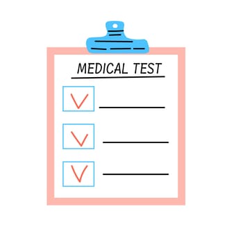 Medical checklist cartoon icon illustration. Vector illustration isolated in simple flat style. Can used for kids education card, label, banner. Cartoon cute checklist, to do list of medical test.