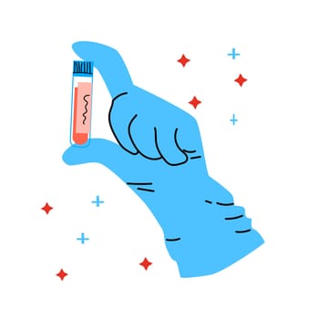 Hand holding medical blood tube - cartoon background. Vector illustration isolated. Flat design. hand in medical gloves.