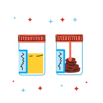 cartoon analyses jars for medical background. Vector illustration of stool and urine jars.