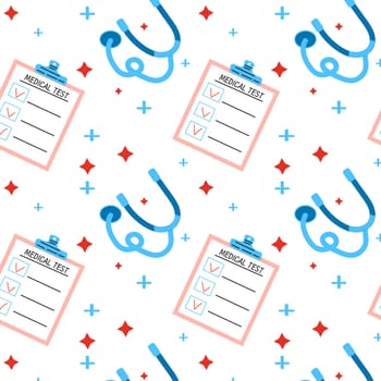 seamless medical background, pattern with checklist and stethoscope. Vector illustration isolated. Vector can used for wrapping paper, textile, poster, greeting card.