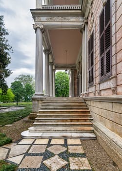 Side staircase of the Beykoz Mecidiye Kasri, or Mecidiye Pavilion, a 19th century Ottoman palace on the shores of the Bosphorus Strait in Istanbul, Turkey