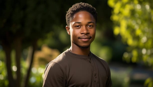 Happy young African American man portrait in a green park in the spring. Satisfied black man breathing fresh air with eyes closed standing in the park outdoors. Copy space