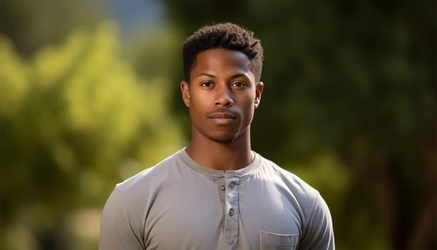 Happy young African American man portrait in a green park in the spring. Satisfied black man breathing fresh air with eyes closed standing in the park outdoors. Copy space
