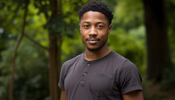 Happy young African American man portrait in a green park in the spring. Satisfied black man breathing fresh air with eyes closed standing in the park outdoors. Copy space