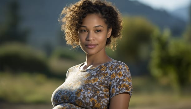 African American pregnant woman. Beautiful pregnant black woman hugging her tummy, enjoying her pregnancy, free space. Side view of African American expecting lady standing next to window at home, touching her big belly beauty shot