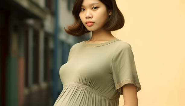 Pregnant Asian woman concept. Maternity photography. Beautiful natural woman holding her pregnant belly happy portrait
