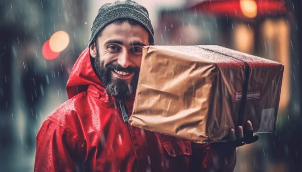 Delivery service concept. Man courier, contrary to weather conditions, delivers package to customer. character in raincoat, special backpack guided by map in phone goes to destination. Delivery boy in the rain with package in the city