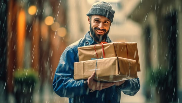 Delivery service concept. Man courier, contrary to weather conditions, delivers package to customer. character in raincoat, special backpack guided by map in phone goes to destination. Delivery boy in the rain with package in the city