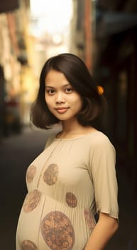 Pregnant Asian woman concept. Maternity photography. Beautiful natural woman holding her pregnant belly happy portrait