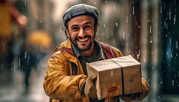 Delivery service concept. Man courier, contrary to weather conditions, delivers package to customer. character in raincoat, special backpack guided by map in phone goes to destination. Delivery boy in the rain with package in the city