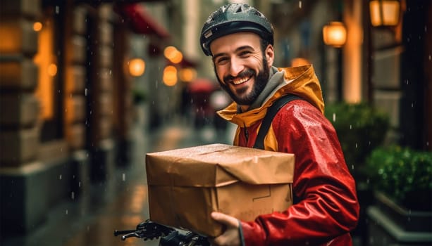 Delivery service concept. Man courier, contrary to weather conditions, delivers package to customer. character in raincoat, special backpack guided by map in phone goes to destination. Delivery boy in the rain with package in the city