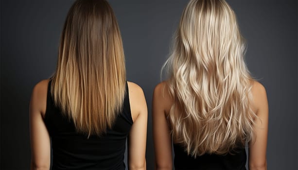 Woman before and after hair extensions on white background. Hair extension, beauty, tress, hair growth, styling, salon concept. Length and volume. Beauty hair treatment concept hair salon