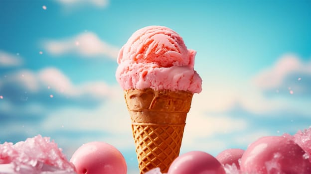 Ice cream cones in summer sky on a tropical beach. delicious ice cream. Lolli ice, cones with different topping, fruit, chocolate and vanilla ice-cream on blue sky background Copy space Holiday concept Space for text