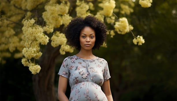 African American pregnant woman. Beautiful pregnant black woman hugging her tummy, enjoying her pregnancy, free space. Side view of African American expecting lady standing next to window at home, touching her big belly beauty shot