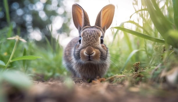 Healthy lovely baby bunny Easter brown rabbit on green garden nature background. Cute fluffy rabbit, animal symbol of Easter day festival. In fresh green grass in the spring beauty