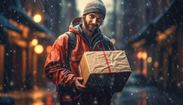 Delivery service concept. Man courier, contrary to weather conditions, delivers package to customer. character in raincoat, special backpack guided by map in phone goes to destination. Delivery boy in the rain with package in the city