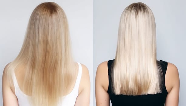 Young blonde woman before and after visiting beauty salon with hair coloring and hair cut. Hair salon. Sick, cut healthy hair care keratin woman. Before and after treatment. isolated light background. beauty